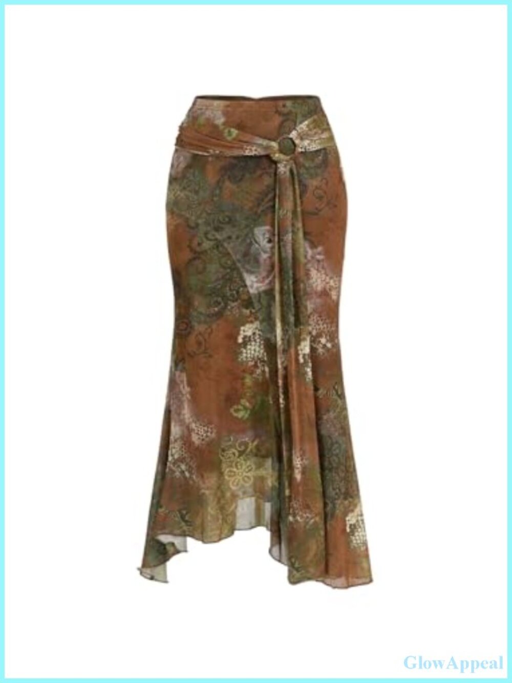 Y2K Western Boho Vintage Graphic Mesh Ruffle Skirt Long Fishtail